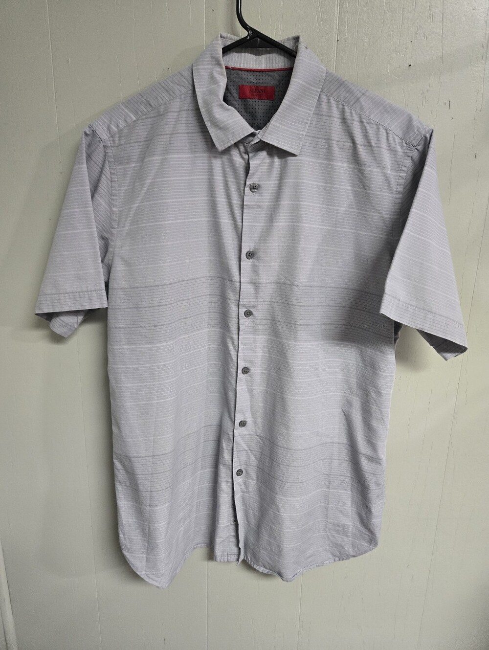 Alfani Shirt Mens L Gray Striped Cotton Polyester Button-Up Short Sleeve Slim